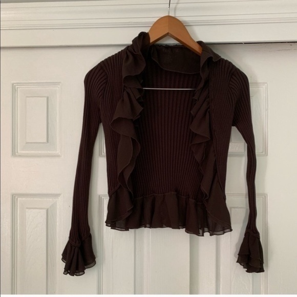 Tracy M Brown Ruffled Brown open Cardigan Small - Picture 1 of 5